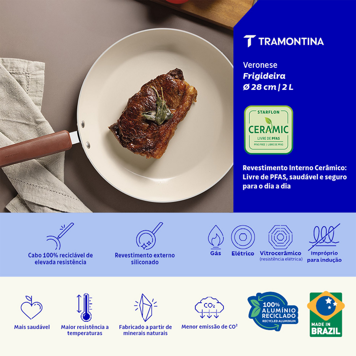 Frigideira Tramontina Veronese em Alum&iacute;nio Reciclado com Revestimento Interno Cer&acirc;mico e Externo Siliconado Argila 28 cm 2 L - SKU 28620428 - 3 image number 2