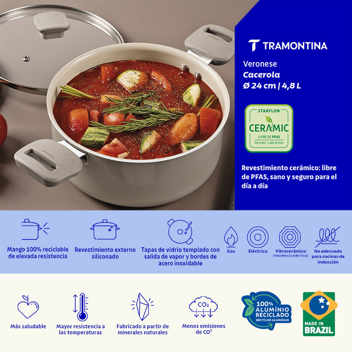 Ca&ccedil;arola Tramontina Veronese em Alum&iacute;nio Reciclado com Revestimento Interno Cer&acirc;mico e Externo Siliconado Bege Mineral 24 cm 4,8 L Cor Bege - SKU 28623324 - 3 image number 2