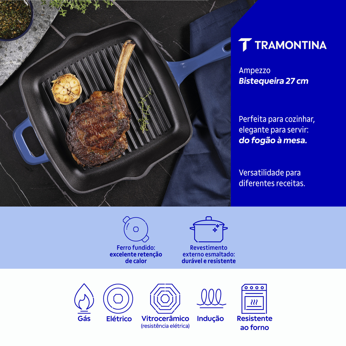 Bistequeira Tramontina Ampezzo em Ferro Fundido com Revestimento Interno e Externo Esmaltado Azul 27 cm 2,4 L Cor Azul - SKU 28750127 - 3 image number 2