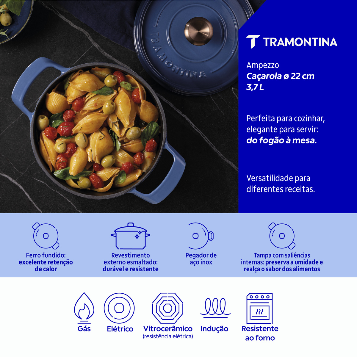 Ca&ccedil;arola Tramontina Ampezzo em Ferro Fundido com Revestimento Interno e Externo Esmaltado Azul 22 cm 3,7 L Cor Azul - SKU 28751122 - 3 image number 2