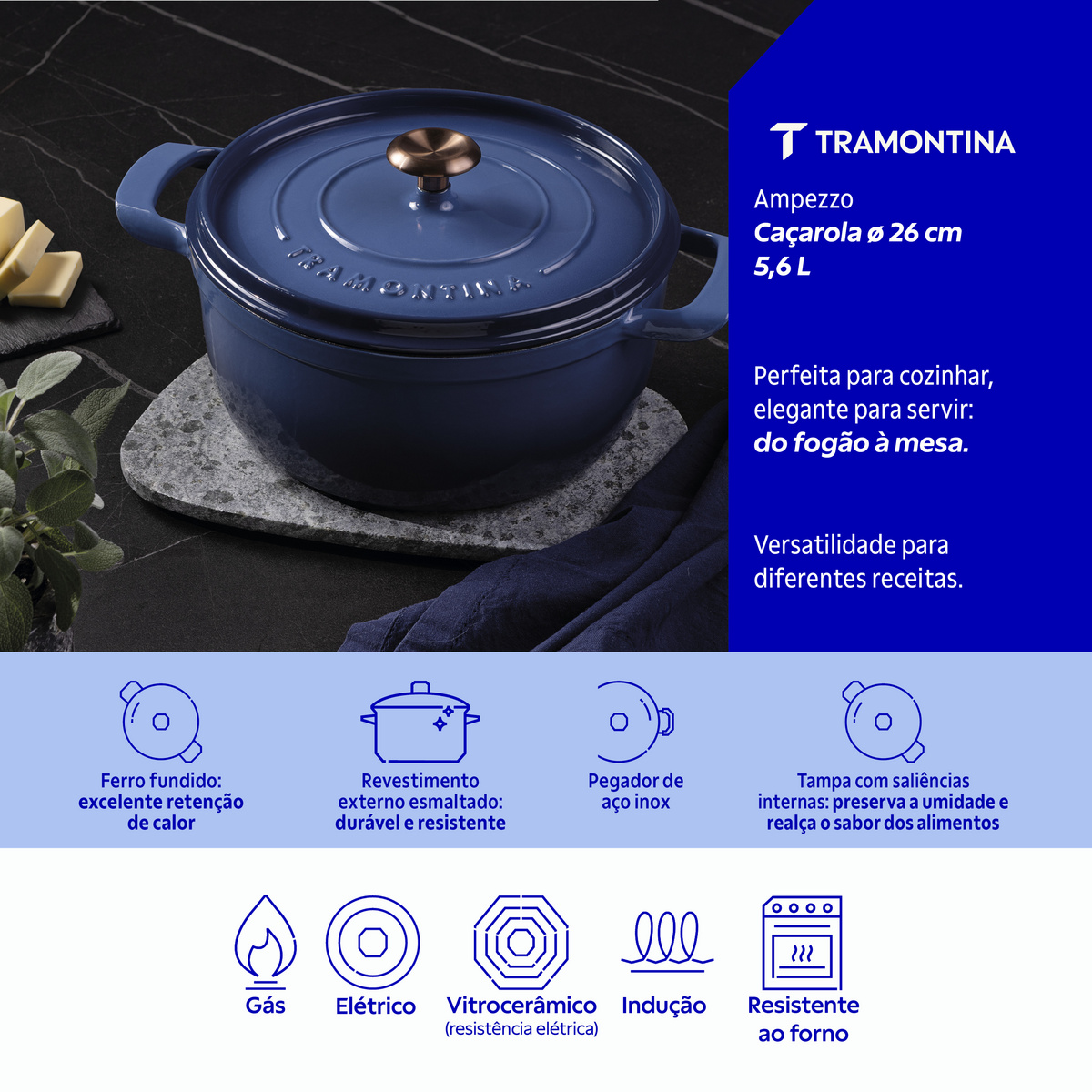 Ca&ccedil;arola Tramontina Ampezzo em Ferro Fundido com Revestimento Interno e Externo Esmaltado Azul 26 cm 5,6 L Cor Azul - SKU 28751126 - 3 image number 2