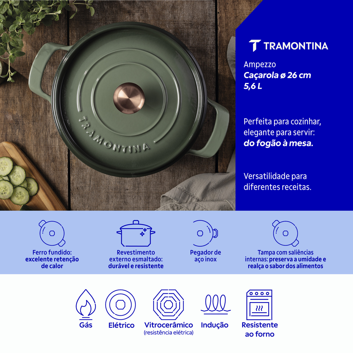 Ca&ccedil;arola Tramontina Ampezzo em Ferro Fundido com Revestimento Interno e Externo Esmaltado Verde 26 cm 5,6 L Cor Verde - SKU 28751226 - 3 image number 2
