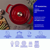 Ca&ccedil;arola Tramontina Ampezzo em Ferro Fundido com Revestimento Interno e Externo Esmaltado Vermelho 22 cm 3,7 L Cor Vermelho - SKU 28751722 - 3 image number 2
