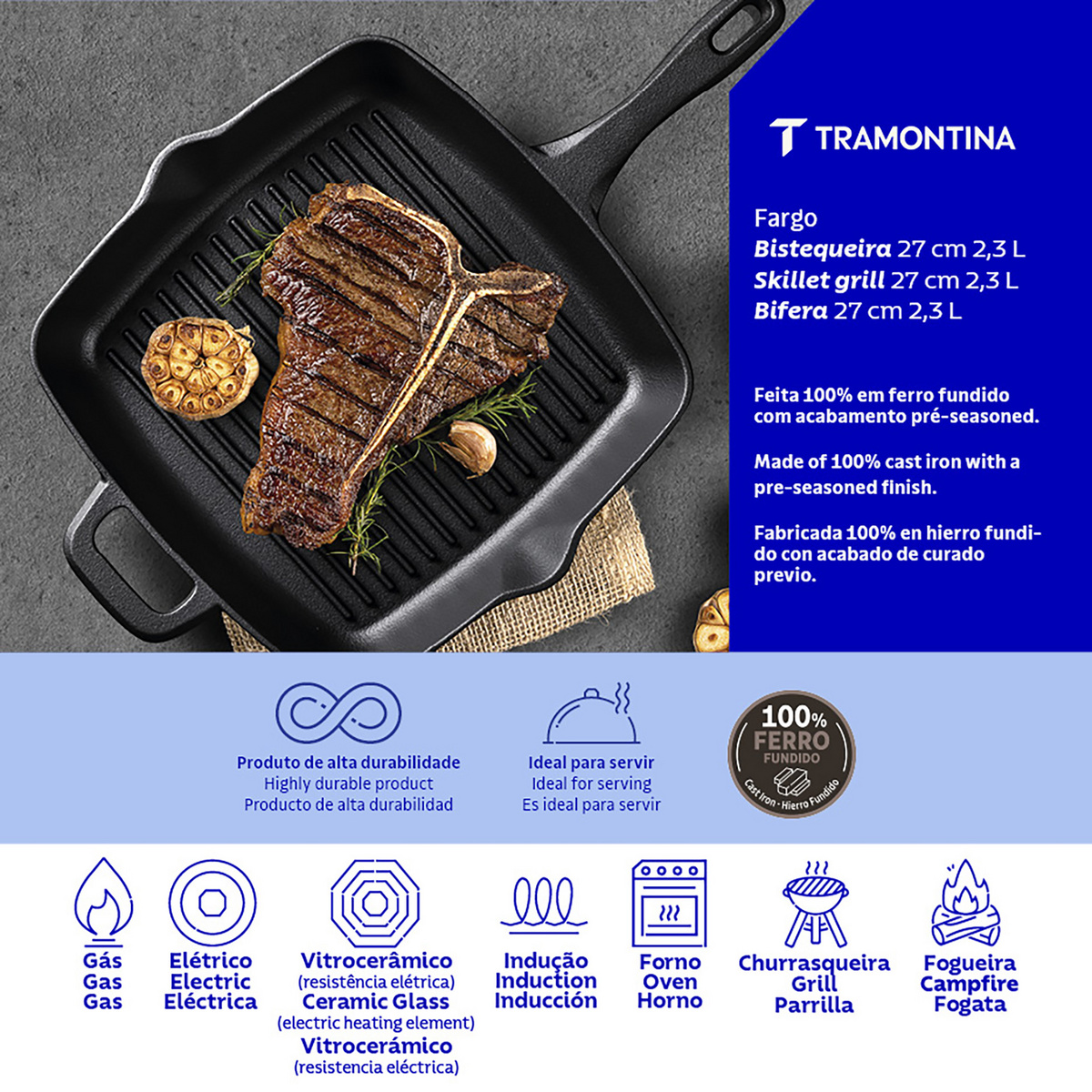 Bistequeira Tramontina Fargo em Ferro Fundido com Acabamento Pre-Seasoned 27 cm 2,3 L Cor Preto - SKU 28762027 - 3 image number 2