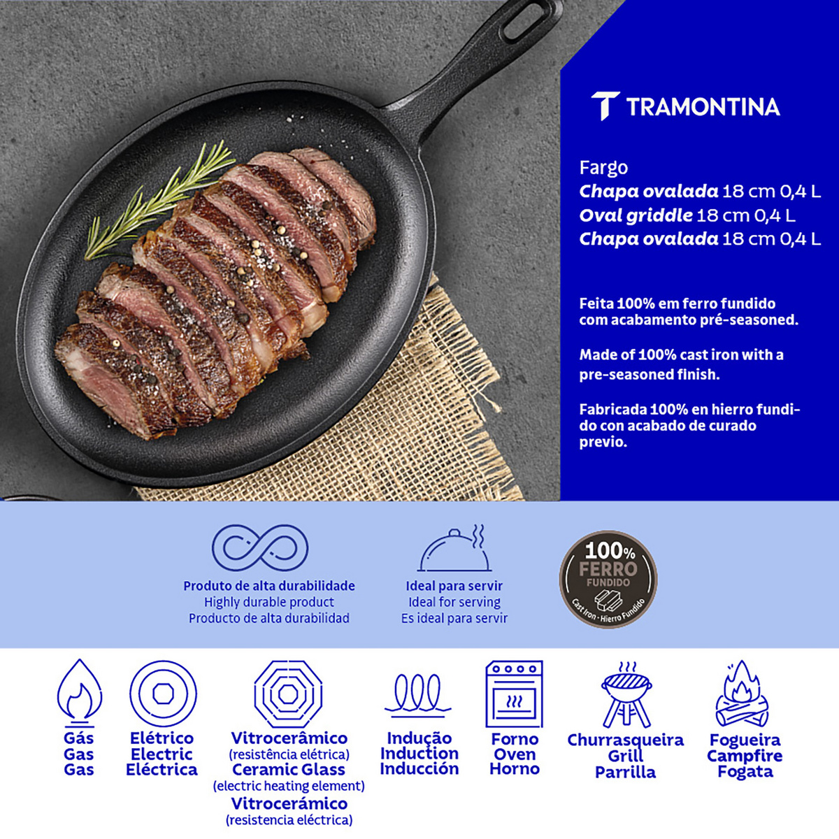 Chapa Oval Tramontina Fargo em Ferro Fundido com Acabamento Pre-Seasoned 18 cm 0,4 L - SKU 28765018 - 3 image number 2