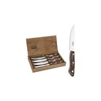 Tramontina Bueno stainless steel steak knife set with brown Polywood handles and wooden case, 4pc set