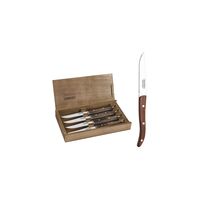 Tramontina Paisano stainless steel steak knife set with brown Polywood handles and wood case, 4pc set