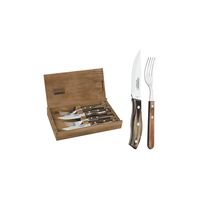 Tramontina stainless steel barbecue flatware set with brown Polywood handles and wood case, 4pc set