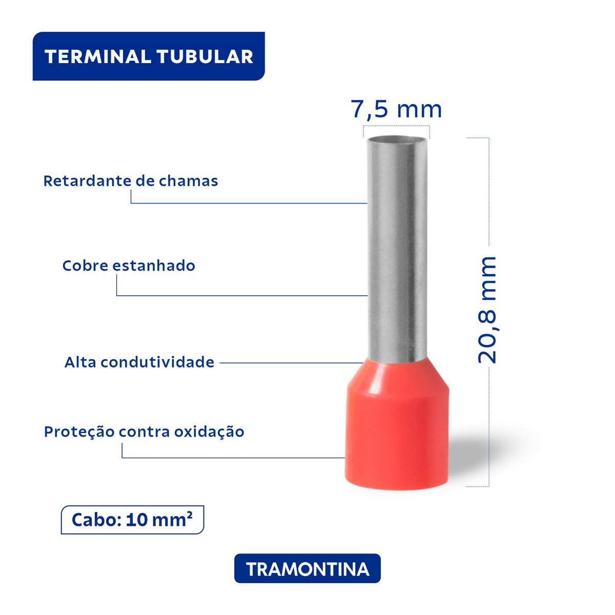 Terminais de Conex&atilde;o Tubulares Tramontina em cobre estanhado e nylon 10 mm&sup2; x 18 Vermelho 20 Pe&ccedil;as - SKU 55936007 - 3 image number 2