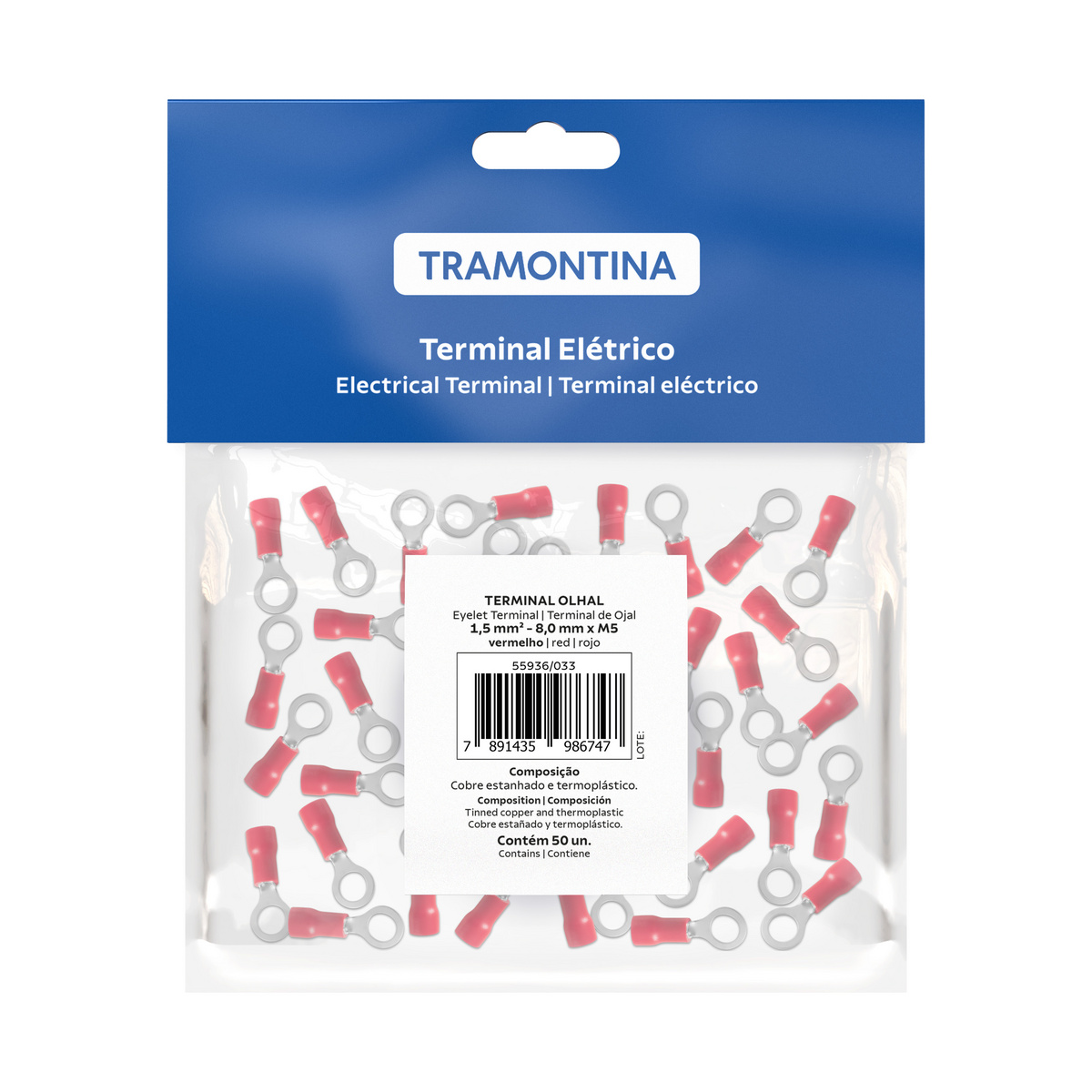 Terminais de Conexão Olhal Tramontina em cobre estanhado e nylon 1,5 mm² x 8,0 mm x M5 Vermelho 50 Peças - SKU 55936033 - 2 image number 1
