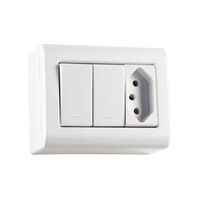 Tramontina LizFlex white surface mount electrical box with 2 one-way switches, 10 A and 250 V, and 1 2P+T outlet, 10 A and 250 V