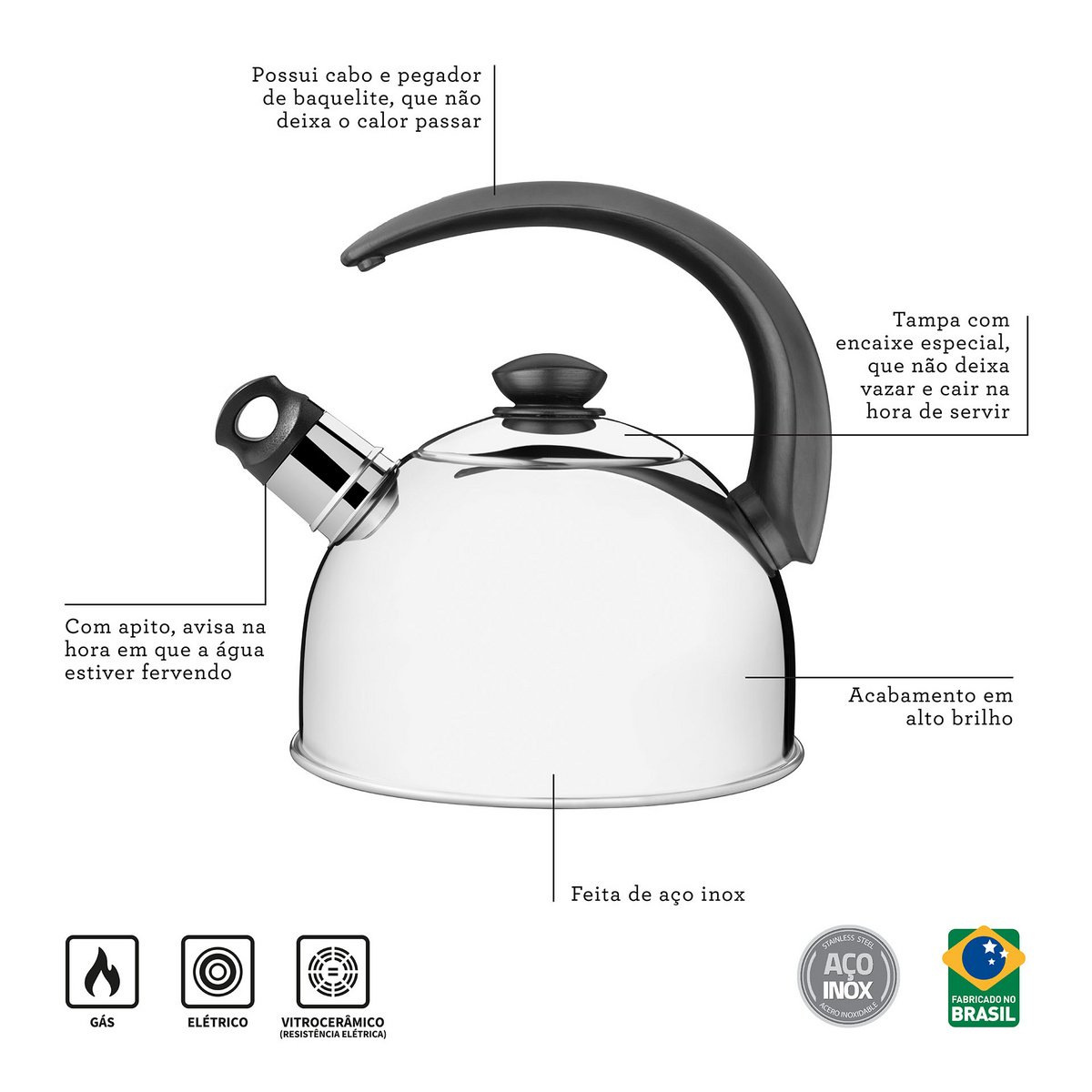 Chaleira Tramontina com Apito em A&ccedil;o Inox Cabo Preto 2,1  L Cor Inox - SKU 61483013 - 2 image number 1