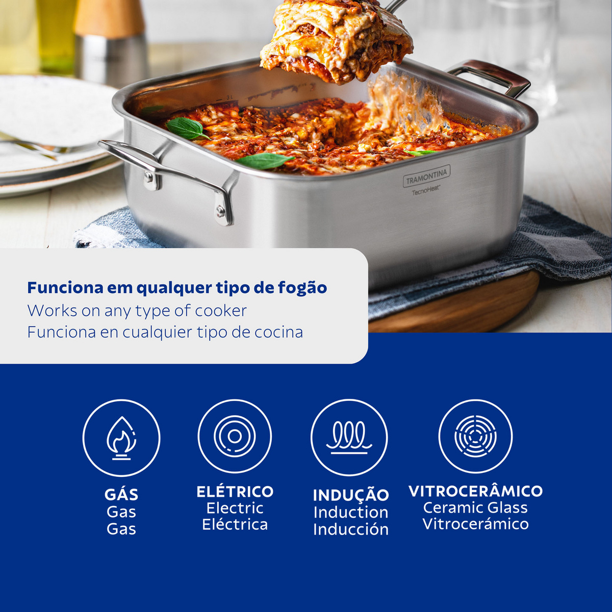 Caçarola Tramontina Grano Quadrada em Aço Inox com Suporte para Tampa Corpo triplo com Alças e Tampa de Vidro 7,3 L Cor Inox - SKU 62144260 - 4 image number 3