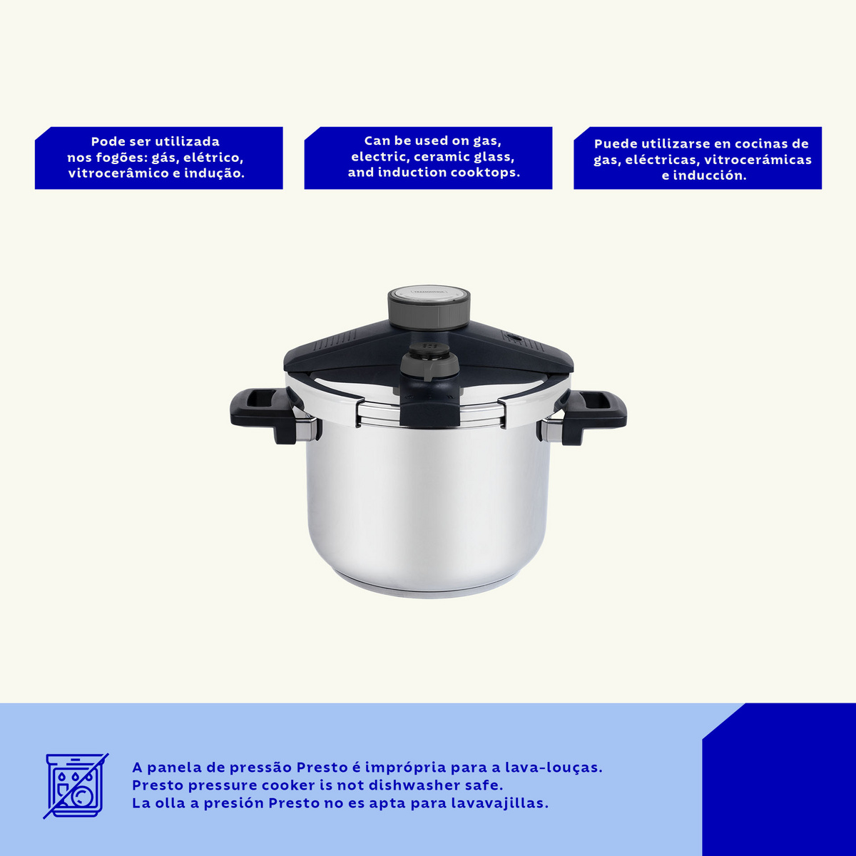 Panela de Press&atilde;o Tramontina Presto em A&ccedil;o Inox Fundo Triplo com 5 Dispositivos de Seguran&ccedil;a 22 cm 6 L Cor Inox - SKU 62518223 - 2 image number 1