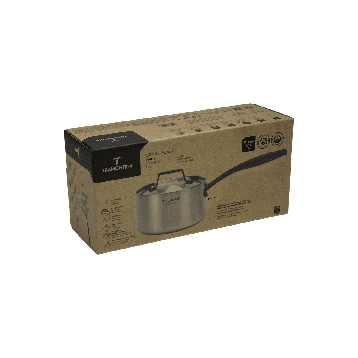 Panela Tramontina Grano Black em A&ccedil;o Inox Corpo Triplo com Tampa e Cabo 16 cm 1,7 L Cor Inox - SKU 62581160 - 5 image number 4