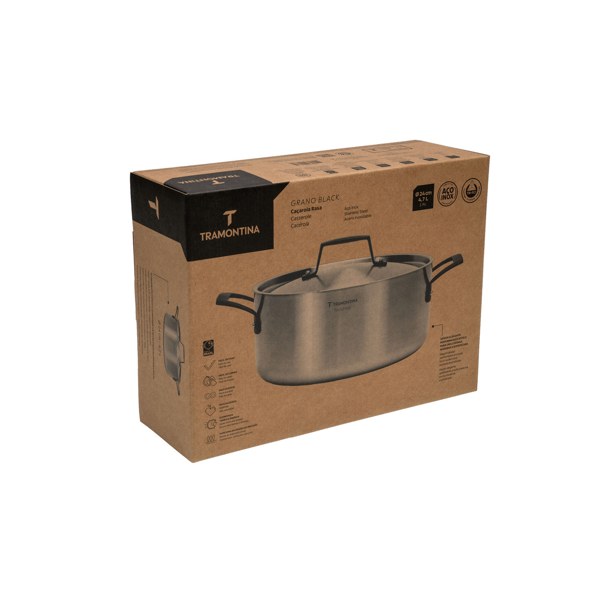 Ca&ccedil;arola Tramontina Grano Black Funda em A&ccedil;o Inox Corpo Triplo com Tampa e Al&ccedil;as 24 cm 4,7 L Cor Inox - SKU 62583240 - 6 image number 5