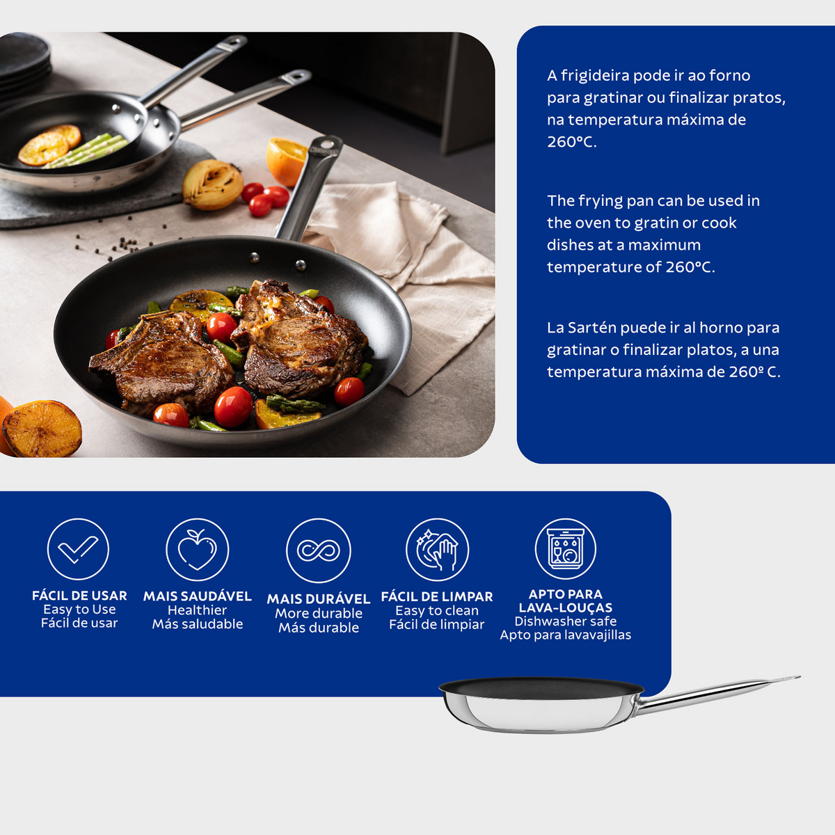 Frigideira Tramontina Professional Rasa em A&ccedil;o Inox com Fundo Triplo Revestimento Interno em Antiaderente com Cabo 26 cm 2,2 L Cor Inox - SKU 62633267 - 4 image number 3