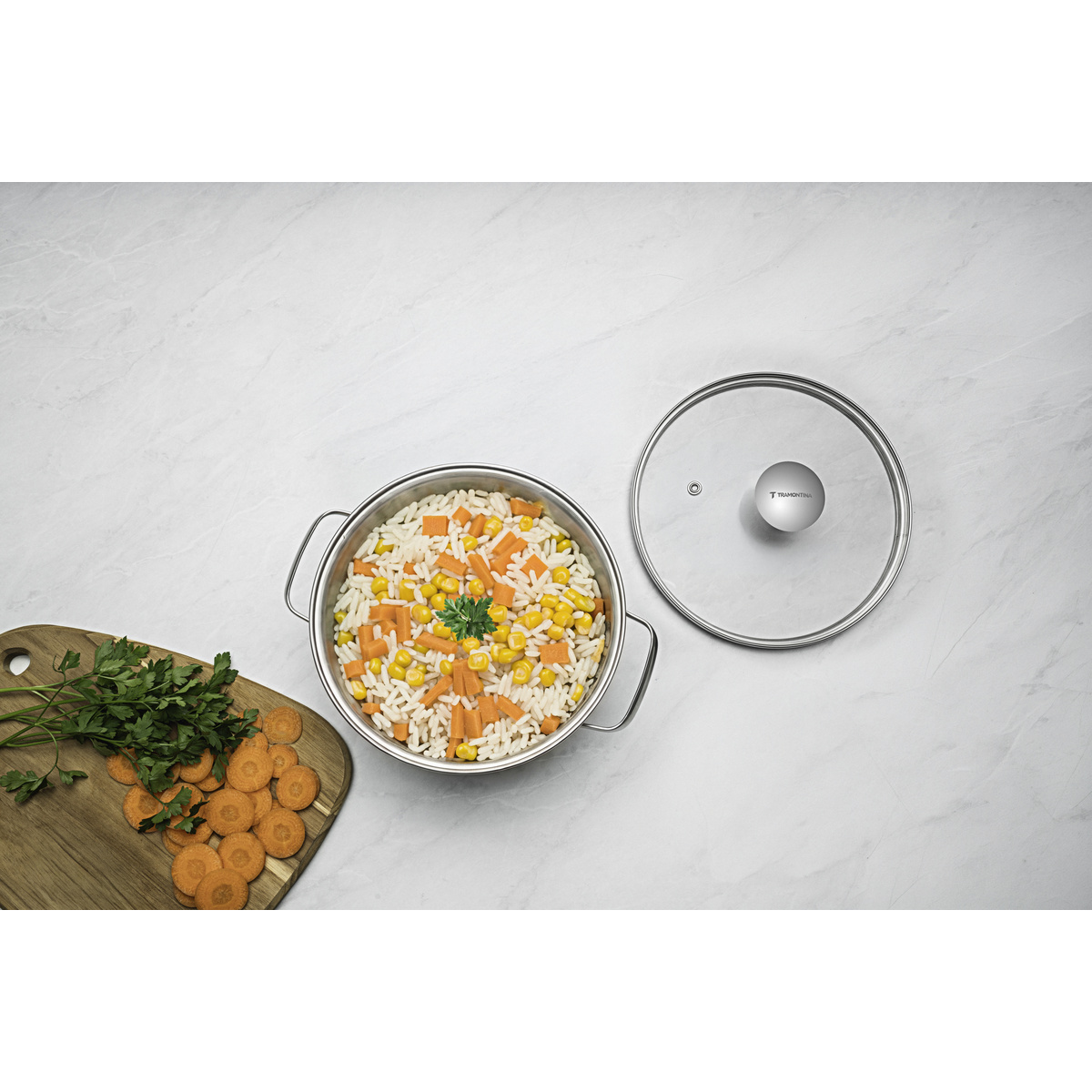Ca&ccedil;arola Funda Tramontina Allegra em A&ccedil;o Inox com Fundo Triplo e Tampa de Vidro 20 cm 3,1 L Cor Inox - SKU 62654204 - 9 image number 8