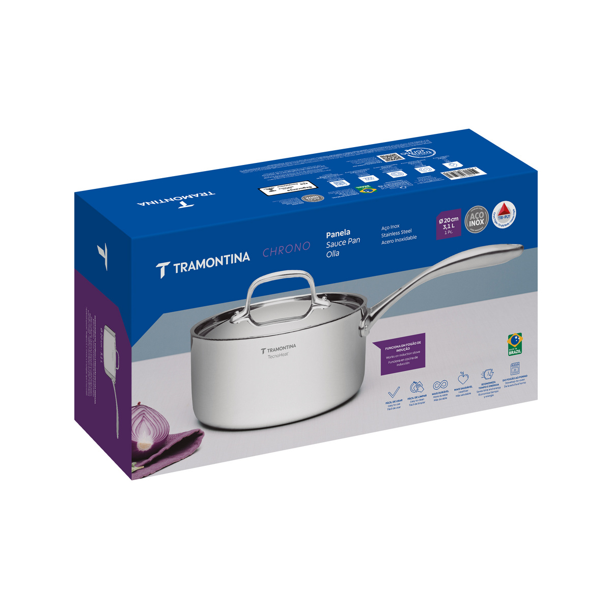 Panela Tramontina Chrono em A&ccedil;o Inox Corpo Triplo com Tampa e Cabo 20 cm 3,1 L Cor Inox - SKU 62961200 - 5 image number 4