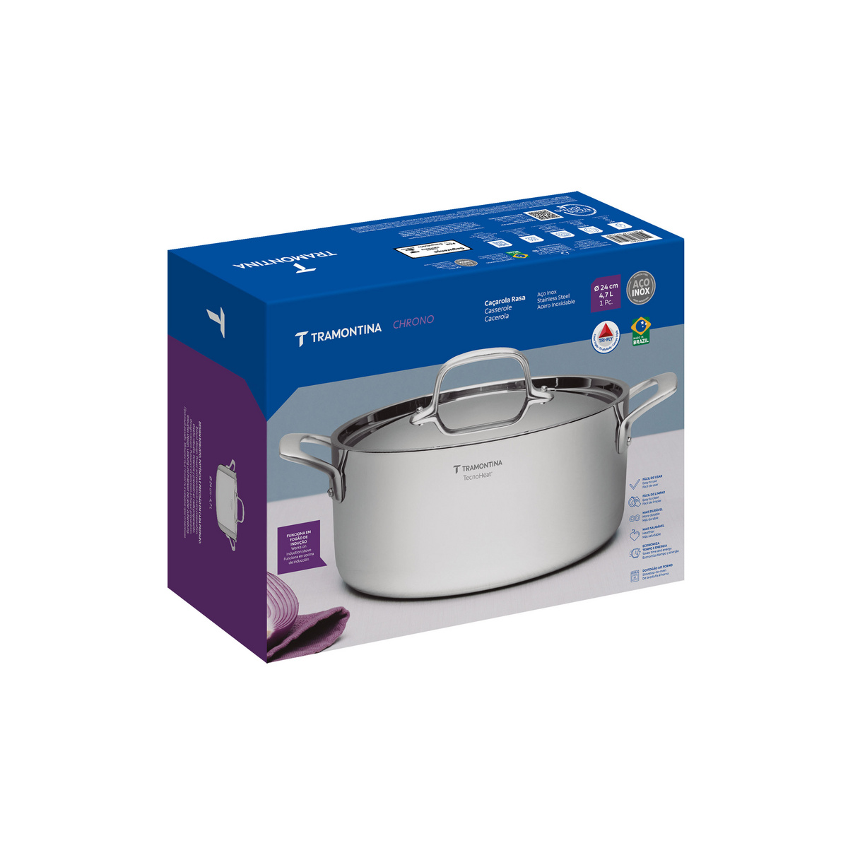 Ca&ccedil;arola Tramontina Chrono Rasa em A&ccedil;o Inox Corpo Triplo com Tampa e Al&ccedil;as 24 cm 4,7 L Cor Inox - SKU 62963240 - 4 image number 3