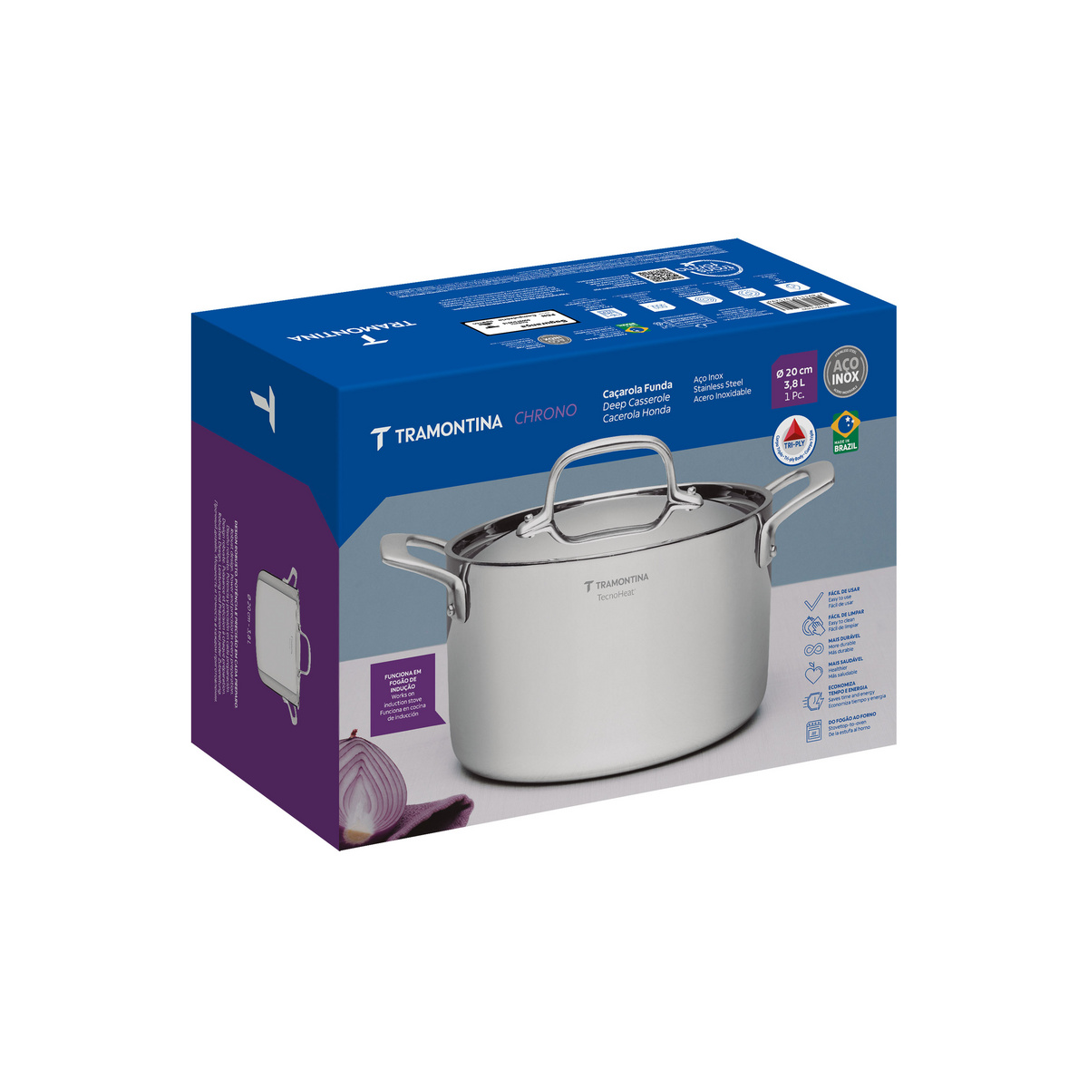Ca&ccedil;arola Tramontina Chrono Funda em A&ccedil;o Inox Corpo Triplo com Tampa e Al&ccedil;as 20 cm 3,8 L Cor Inox - SKU 62964200 - 5 image number 4