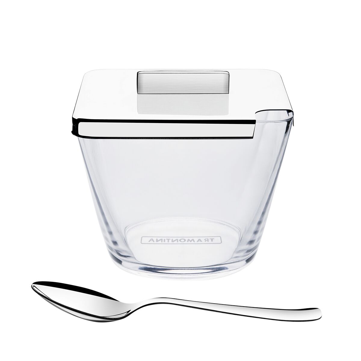 Tramontina Quadrata clear sugar bowl with stainless steel lid and spoon