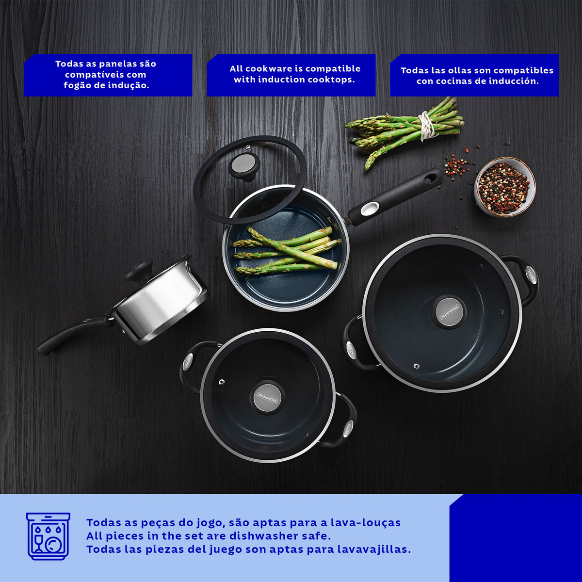 Jogo de Panelas Tramontina Solar Ceramic em A&ccedil;o Inox Fundo Triplo com Revestimento Interno Cer&acirc;mico Grafite 4 Pe&ccedil;as Cor Inox - SKU 65120026 - 2 image number 1