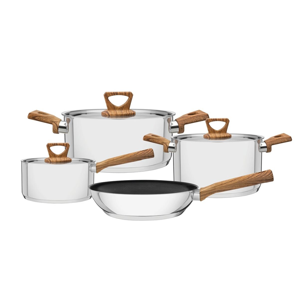Tramontina Brava non-stick stainless steel cookware set with tri-ply base and faux wood handles, 4 pc set