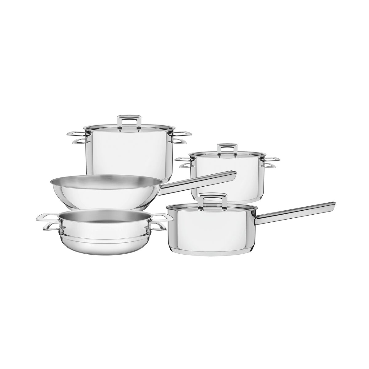 Tramontina Brava stainless steel 5-piece cookware set with flat lid and tri-ply base