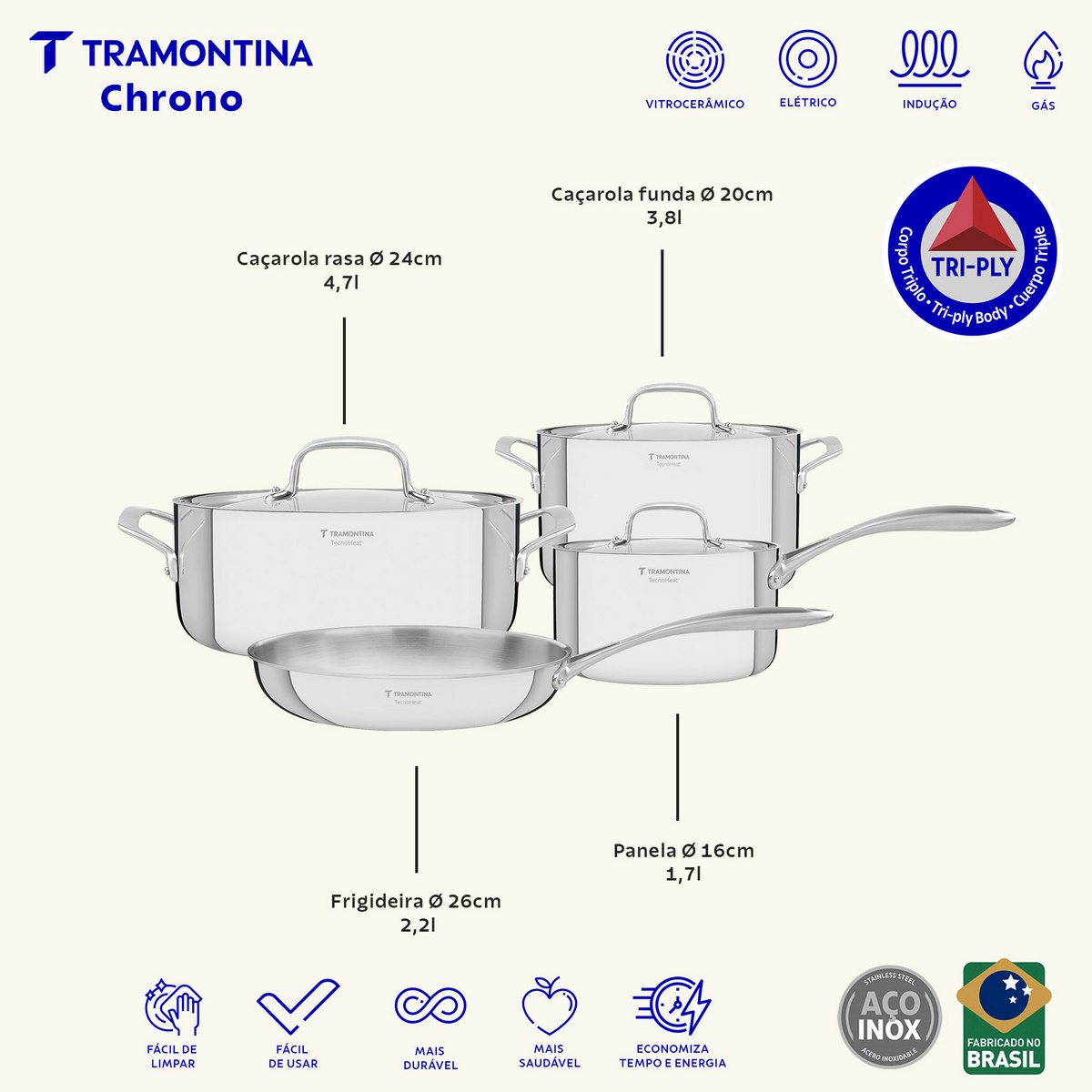 Jogo de Panelas Tramontina Chrono em A&ccedil;o Inox com Corpo Triplo 4 Pe&ccedil;as Cor Inox - SKU 65960000 - 2 image number 1