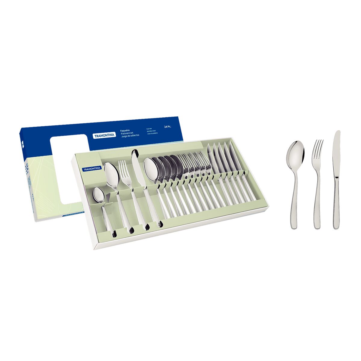 Tramontina Maresias stainless steel flatware set with table knives and mirror finish, 24 pc set