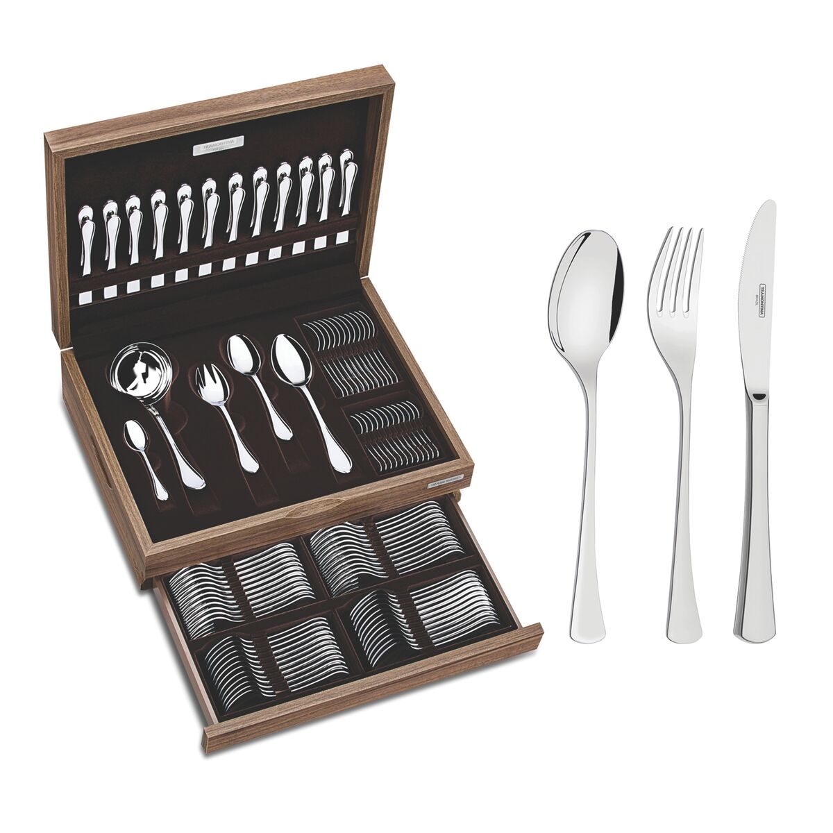 Faqueiro Tramontina M&ocirc;naco em A&ccedil;o Inox com Facas de Mesa Acabamento em Brilho com Detalhes no Cabo 101 Pe&ccedil;as - SKU 66917864 - 1 image number 0