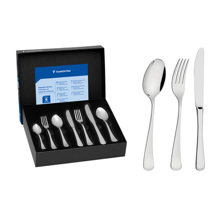 Faqueiro Tramontina M&ocirc;naco em A&ccedil;o Inox com Facas de Mesa Forjadas Acabamento Brilho 42 Pe&ccedil;as Cor Inox - SKU 66917180