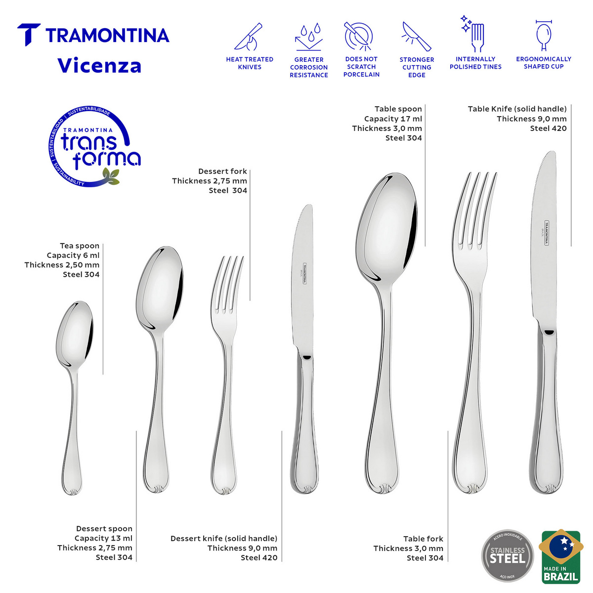 Tramontina Vicenza stainless steel flatware set with forged table
