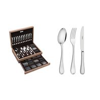 Tramontina Vicenza stainless steel flatware set with table knives, mirror finish, wood case with retractable compartment, 130 pc set