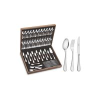 Tramontina Firenze stainless steel flatware set with forged table knives, mirror finish and wood case, 76 pc set