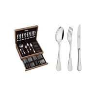 Tramontina Classic stainless steel flatware set with forged table knives, mirror finish and wood case with retractable compartment, 101 pc set