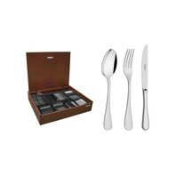 Tramontina Classic stainless steel flatware set with forged table knives, mirror finish and wood case, 130 pc set
