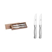 Tramontina Classic stainless steel jumbo steak knife set with wood case and relief patterns on the handle, 2 pc set