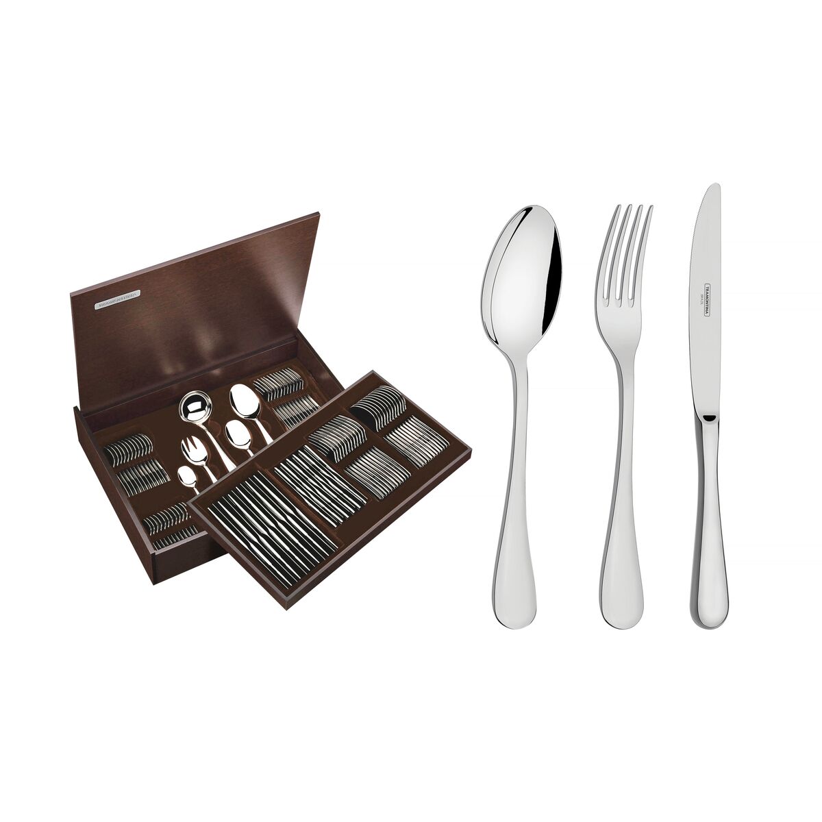 Tramontina Classic stainless steel flatware set with forged table knives, mirror finish and wood case, 101 pc set