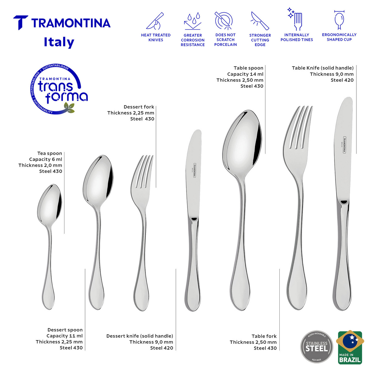 Tramontina Italy stainless steel flatware set with 6mm forged