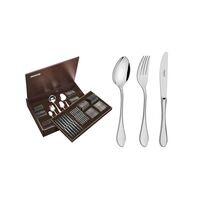 Tramontina Italy stainless steel flatware set with forged table knives, mirror finish and wood case, 101 pc set