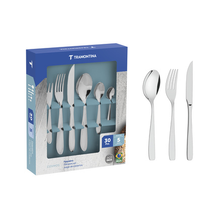 Faqueiro Tramontina Cosmos em A&ccedil;o Inox com Facas para Churrasco com Acabamento Brilho e Fosco 30 Pe&ccedil;as Cor Inox - SKU 66950515