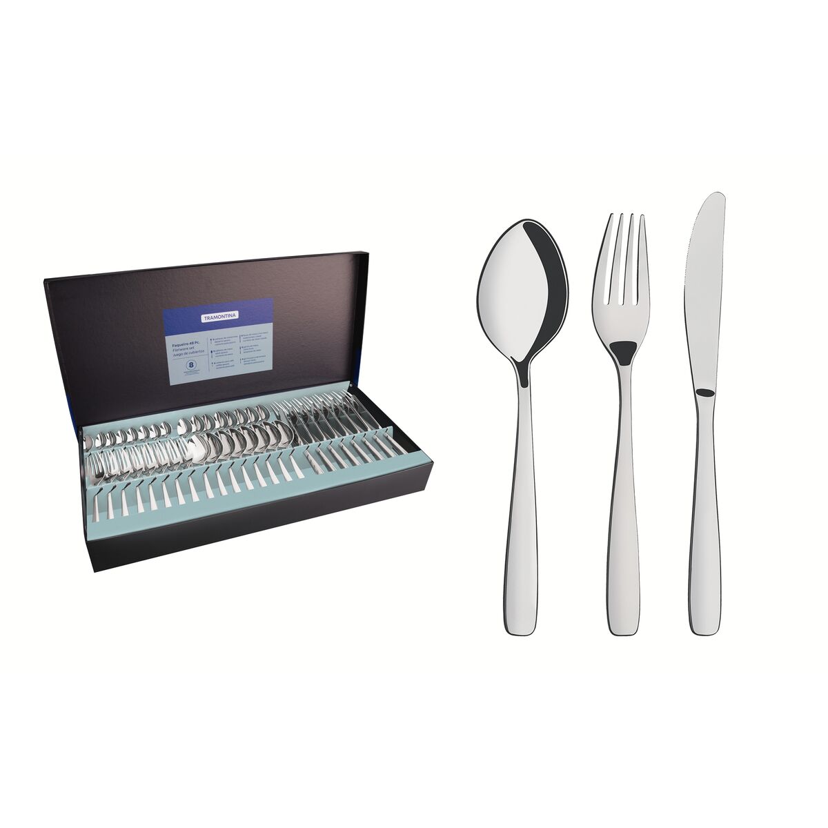 Tramontina Amazonas stainless steel flatware set with table knives and high gloss finish, 48 pc set
