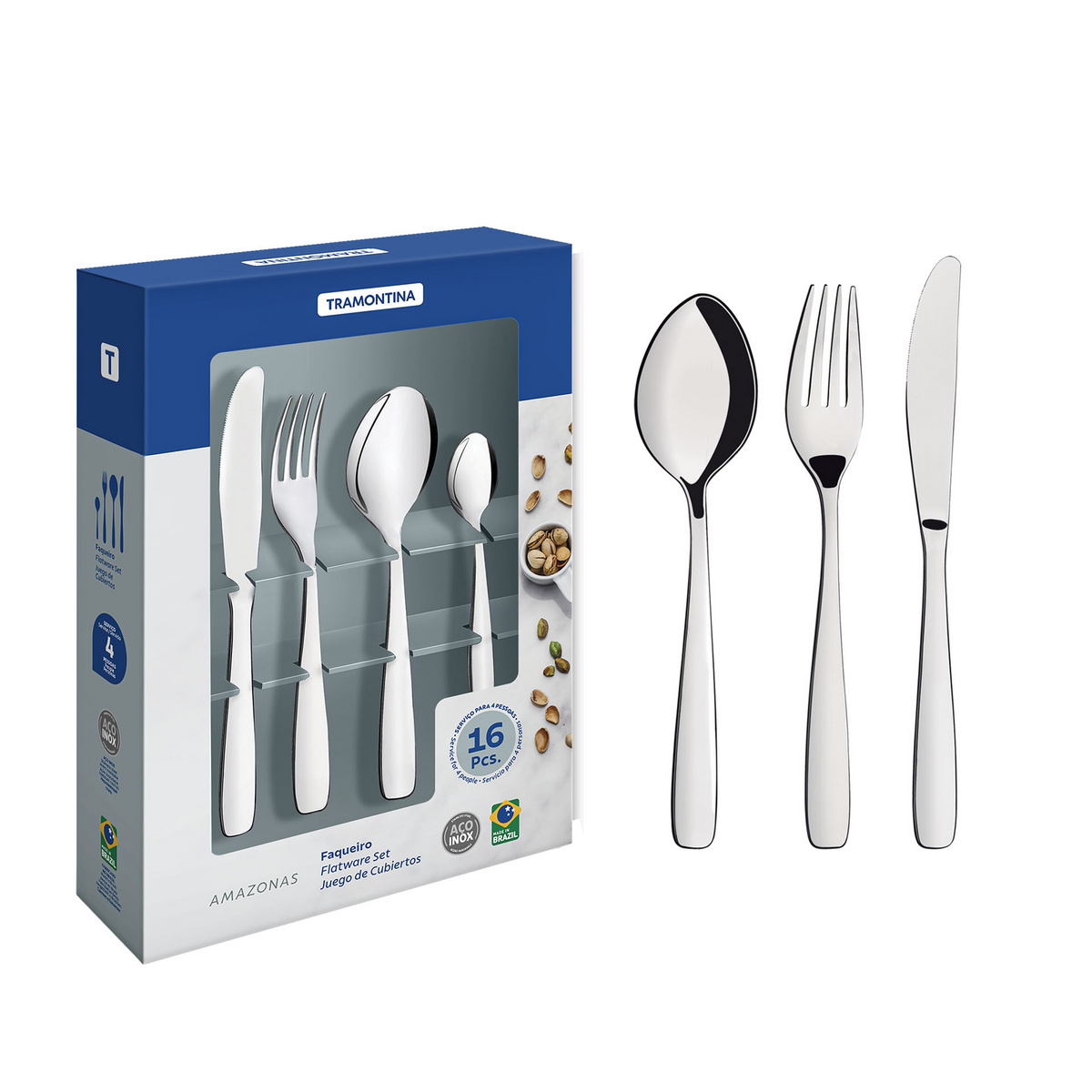 Faqueiro Tramontina Amazonas em Aço Inox com Facas de Mesa Acabamento Brilho 16 Peças Cor Inox - SKU 66960550 - 1 image number 0