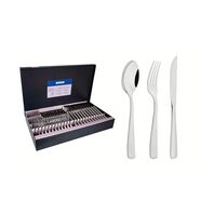 Tramontina Pacific stainless steel flatware set with steak knives, mirror finish and detailing on the handles, 72 pc set