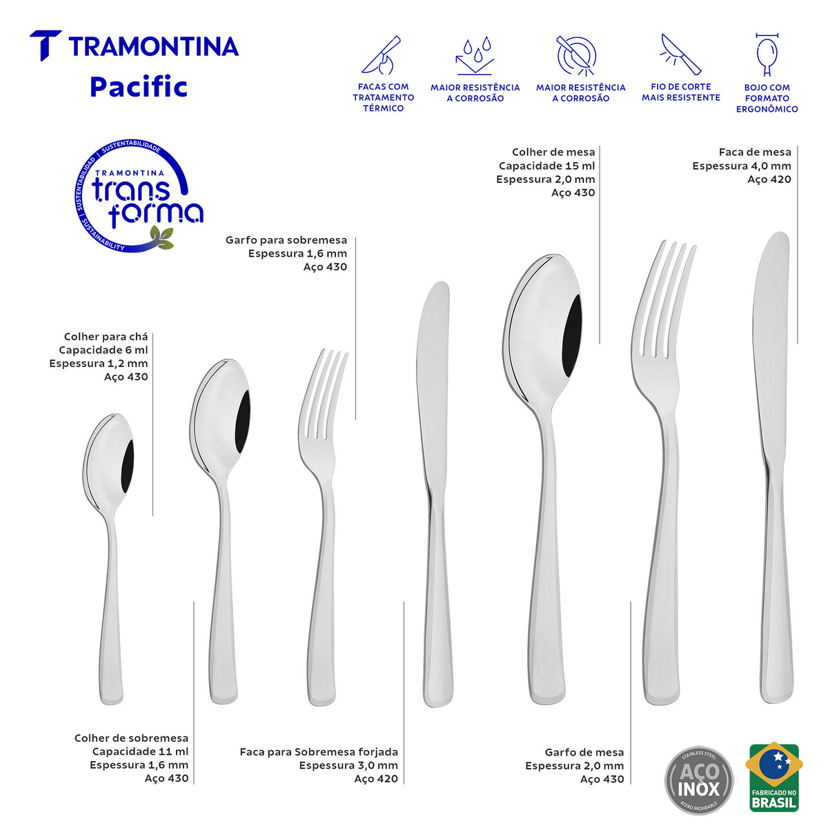 Faqueiro Tramontina Pacific em Aço Inox com Facas de Mesa Forjadas Acabamento Alto Brilho com Detalhes no Cabo e Estojo de Madeira 101 Peças Cor Inox - SKU 66962214 - 4 image number 3