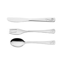 Tramontina Baby Friends stainless steel children's flatware set with shiny finish and relief design, 3 pc set