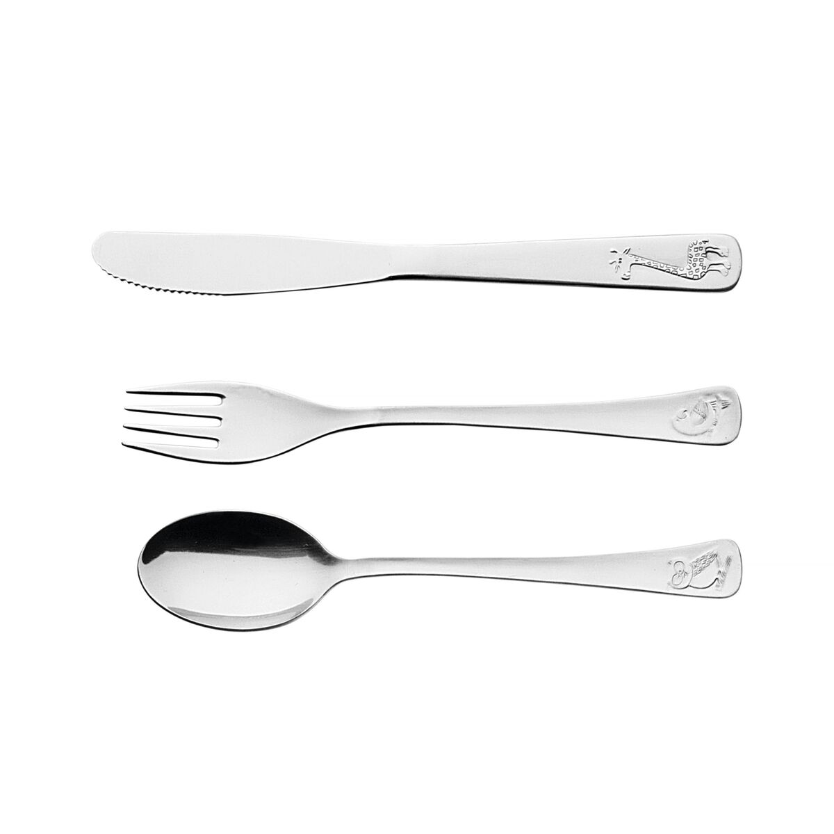 Tramontina Baby Friends stainless steel children's flatware set with shiny finish and relief design, 3 pc set