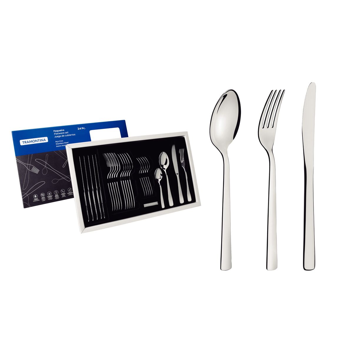 Tramontina Oslo stainless steel flatware set with table knives and mirror finish, 24 pc set